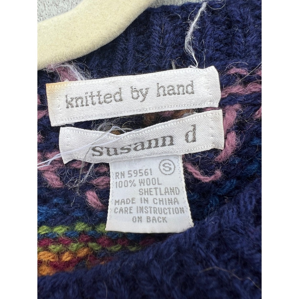Vintage Susann D Hand Knit 100% Wool Sweater Small Blue Fair Isle Shetland 90s - Picture 4 of 7